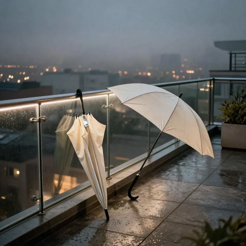Abendliche Rooftop-Terrasse mit gefaltetem Schirm, Glasgeländer und Stadtlichtern im Nebel.