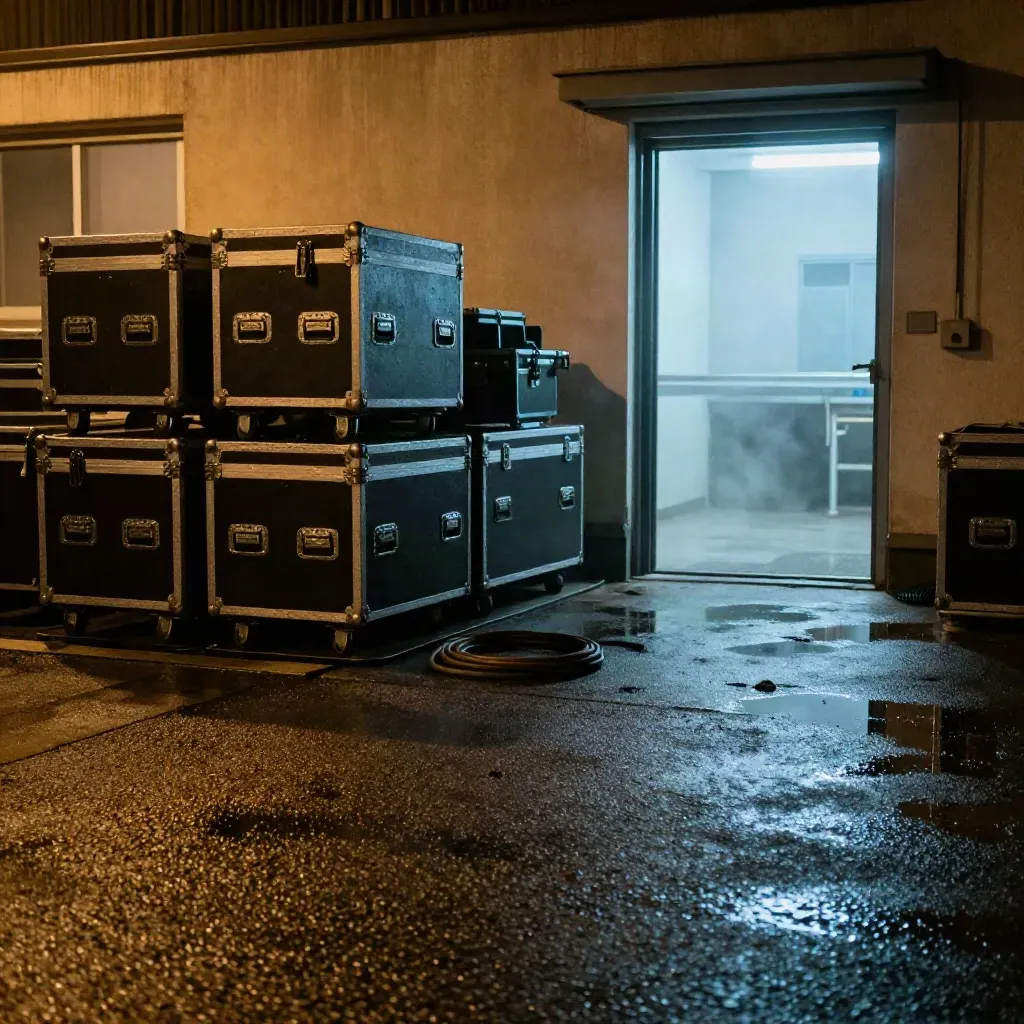 Berlin-Ladezone mit Flightcases, nasser Fahrbahn und blauem Licht am Serviceeingang