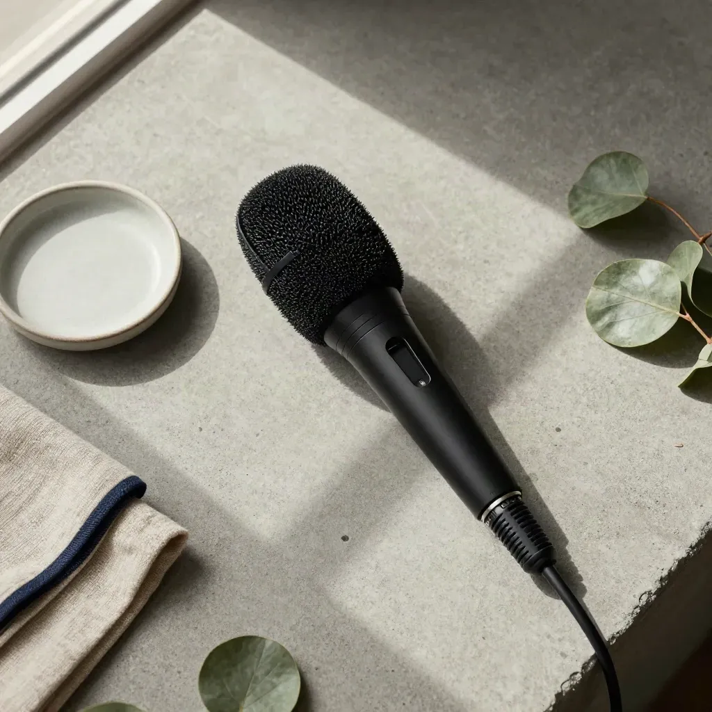 Überkopf-Flatlay eines Interviewmikrofons mit Schale, Leinentuch und Blatt auf Beton.